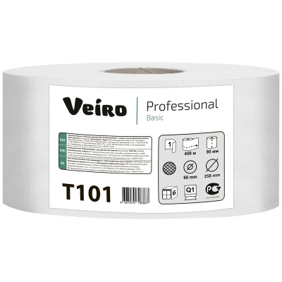 Бумага туалетная Veiro Professional "Basic"(Q1) 1-слойная, 450м/рул, тиснение, цвет натуральный T101