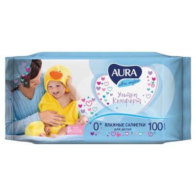 Салфетки влажные комплект 100 шт., для детей AURA "Ultra comfort", универс., очищ., гипоаллер. 5637