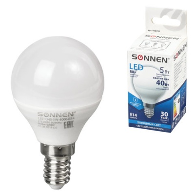 Лампа светодиодная SONNEN, 5 (40) Вт, цоколь E14, шар, холодный белый свет, LED G45-5W-4000-E14, 453