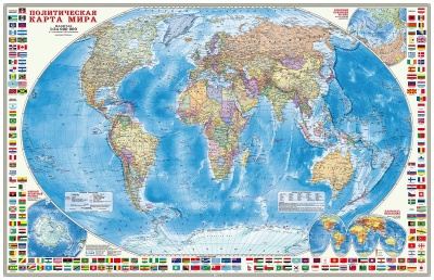 Карта настенная.Мир Политический с флагами.М1:24млн, ламинированная, 124*80см Геодом 