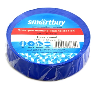 Изолента Smartbuy, 15мм*10м, 130мкм, синяя, инд. упаковка SBE-IT-15-10-db