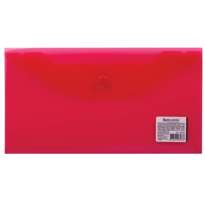 Папка-конверт с кнопкой BRAUBERG, 250х135 мм, прозрачная, красная, 0,15 мм, 224030