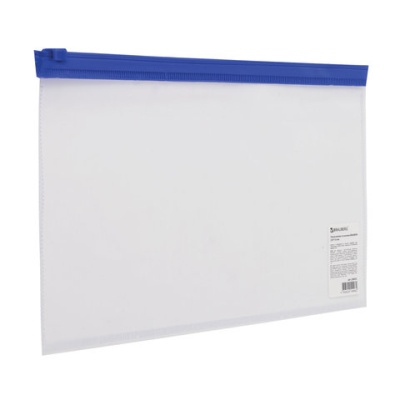 Папка-конверт на молнии, А5, прозрачная, молния синяя, 0,11 мм, BRAUBERG, 226032