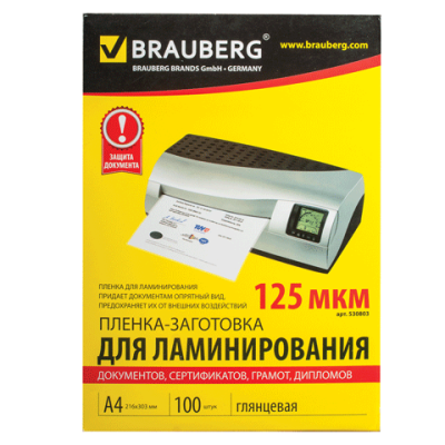 Пленки-заготовки д/ламинир-я BRAUBERG, комплект 100шт, для формата А4, 125 мкм, 530803