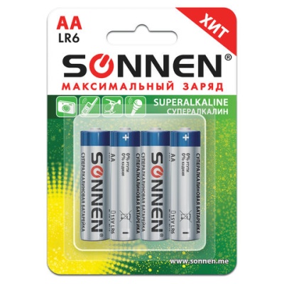 Батарейки SONNEN, AA (LR6), комплект 4шт., супералкалин, в блистере, 1,5В, 451094