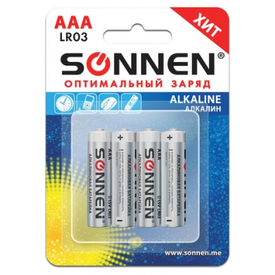 Батарейки SONNEN Alkaline, AAA (LR03, 24А), алкалиновые, комплект 4 шт, 451088
