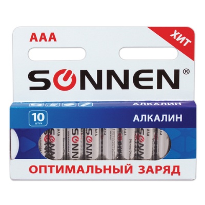 Батарейки SONNEN Alkaline, AAA (LR03, 24А), алкалиновые, комплект 10 шт, в коробке, 451089