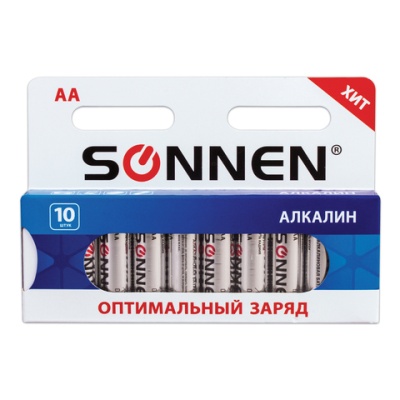 Батарейки SONNEN Alkaline, АА (LR06, 15А), алкалиновые, комплект 10 шт, в коробке, 451086 