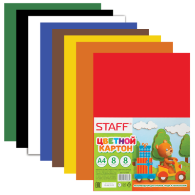 Картон цветной А4 немелованный, 8 листов 8 цветов, в пакете, ПИФАГОР, 200х283 мм, 127050