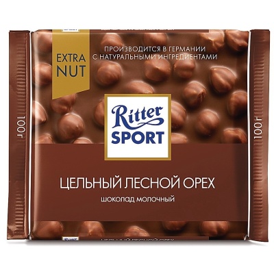 Шоколад RITTER SPORT молочный с цельным лесным орехом, 100г, R 196