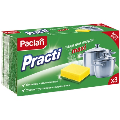 Губки для посуды Paclan "Practi Maxi", поролон с абразивным слоем, 3шт., 409121